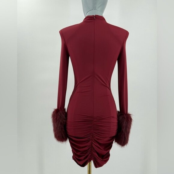 🆕 BRONX & BANCO 🧿 NWOT Eleanor Burgundy Fur Trimmed Mini Dress, Sz XS US 2 - Picture 9 of 17